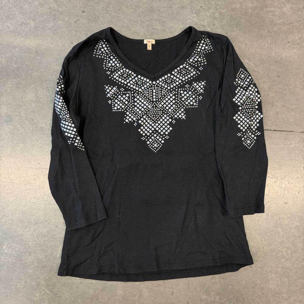 Vintage Y2k Studded Rhinestone Embellished Black Longsleeve Women's Knit Top L